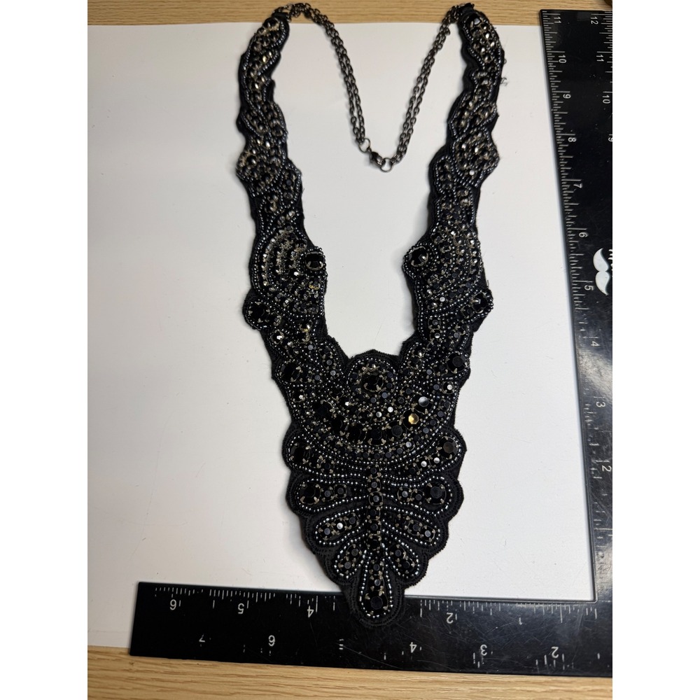 Black Beaded Bib Statement Necklace Gunmetal Crystal Sequin Fabric Collar